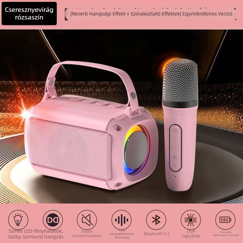 T33 Bluetooth karaoke hangszóró beépített mikrofonnal, Bluetooth 5.0, 5W, 1000–1200 mAh, 40 Hz–20 kHz tartomány, üzemidő 3–6 óra
