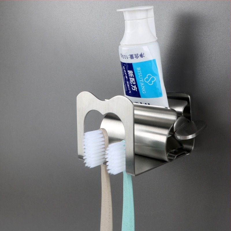 304 rozsdamentes acél fogkrémnyomó, falra szerelhető, lyuk nélküli, fogkefetartó