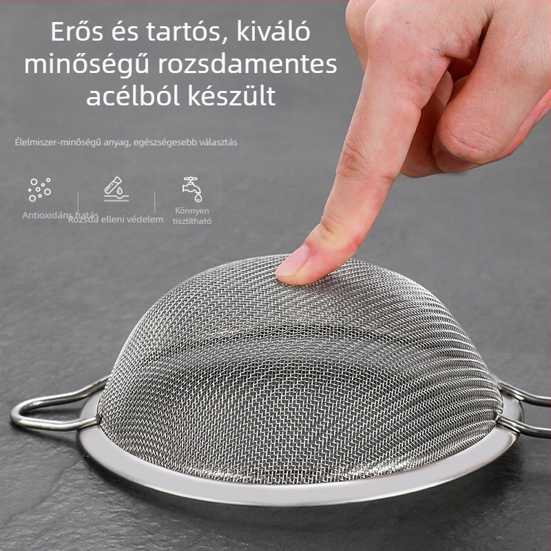 Rozsdamentes acélból készült lisztszitó, kör alakú, ultrafin háló, sütéshez