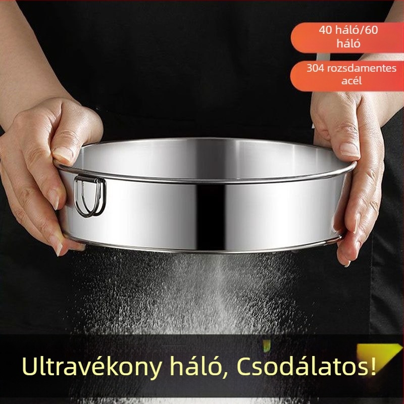 304 rozsdamentes acél lisztszitáló szita, kézi, ultrafin szita otthoni sütéshez