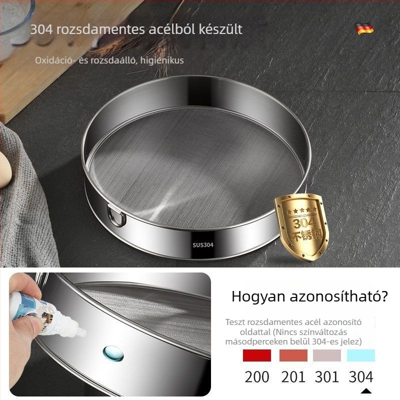 304 rozsdamentes acél lisztszitáló szita, kézi, ultrafin szita otthoni sütéshez