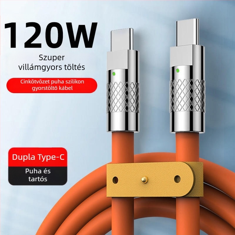 Type-C töltőkábel digitális kijelzővel, 120W gyors töltés, narancssárga kábel, kompatibilis iPhone 15, Huawei XT5 és Mate70