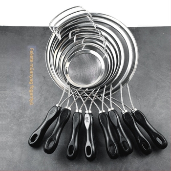 Rozsdamentes acélból készült szita műanyag fogantyúval ultrafin szűréshez — szója tejhez, gyümölcsléhez, liszthez és maradékokhoz kínai gyógynövényekből; csúszásmentes, hőálló, dupla és egyszerű kampókkal