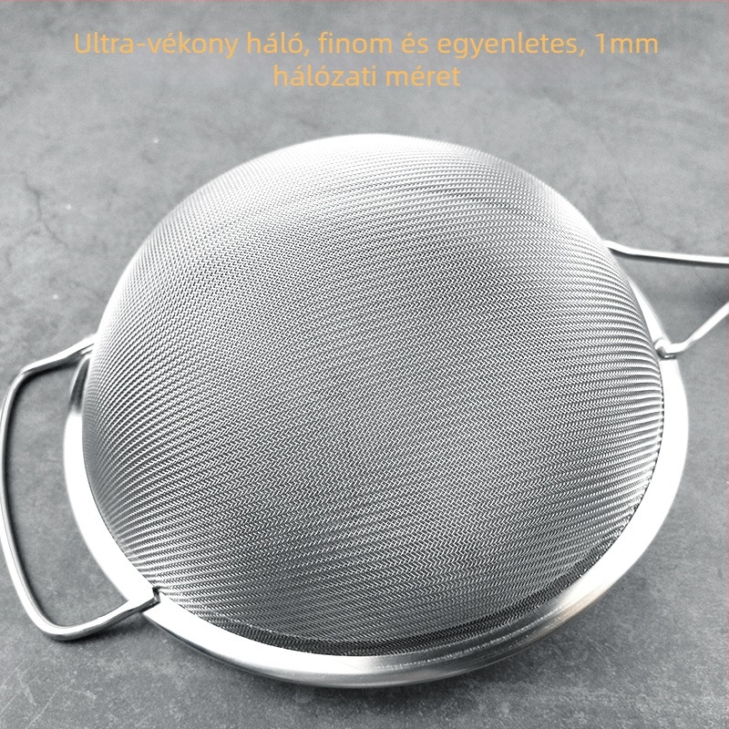 Rozsdamentes acélból készült szita műanyag fogantyúval ultrafin szűréshez — szója tejhez, gyümölcsléhez, liszthez és maradékokhoz kínai gyógynövényekből; csúszásmentes, hőálló, dupla és egyszerű kampókkal