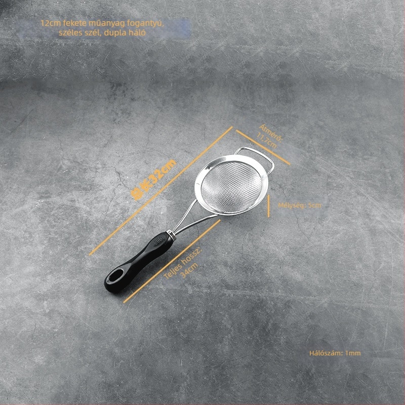 Rozsdamentes acélból készült szita műanyag fogantyúval ultrafin szűréshez — szója tejhez, gyümölcsléhez, liszthez és maradékokhoz kínai gyógynövényekből; csúszásmentes, hőálló, dupla és egyszerű kampókkal