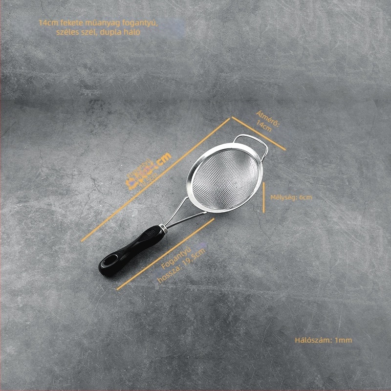 Rozsdamentes acélból készült szita műanyag fogantyúval ultrafin szűréshez — szója tejhez, gyümölcsléhez, liszthez és maradékokhoz kínai gyógynövényekből; csúszásmentes, hőálló, dupla és egyszerű kampókkal