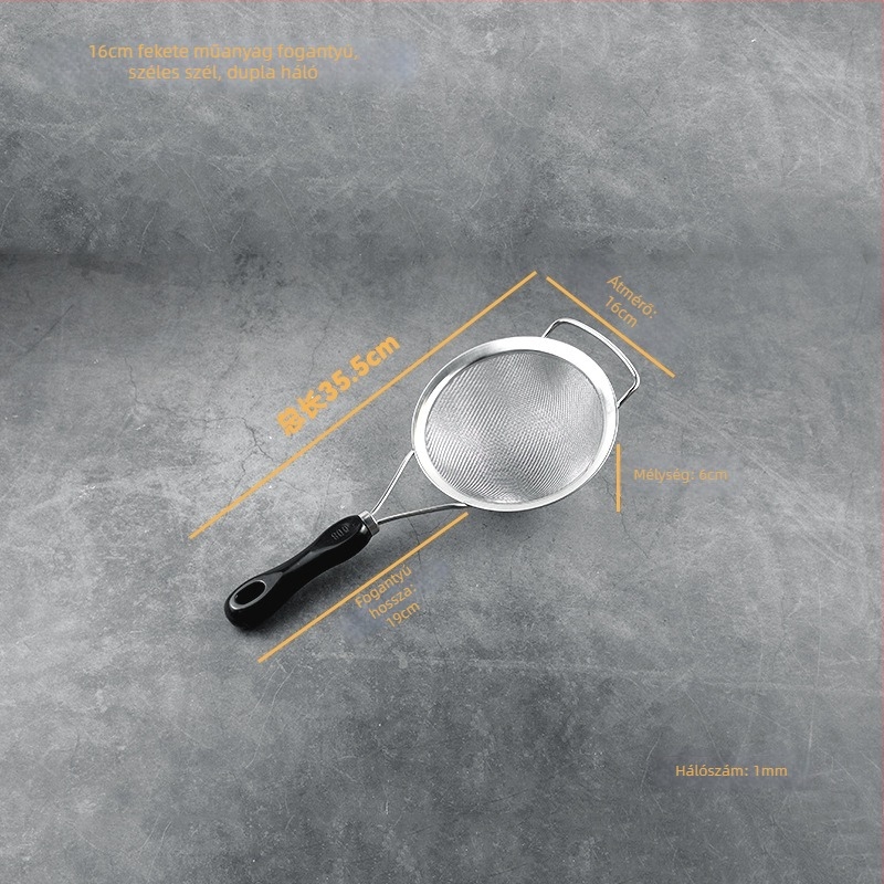 Rozsdamentes acélból készült szita műanyag fogantyúval ultrafin szűréshez — szója tejhez, gyümölcsléhez, liszthez és maradékokhoz kínai gyógynövényekből; csúszásmentes, hőálló, dupla és egyszerű kampókkal