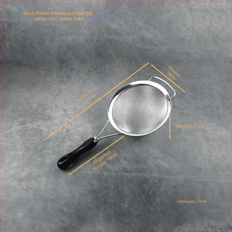 Rozsdamentes acélból készült szita műanyag fogantyúval ultrafin szűréshez — szója tejhez, gyümölcsléhez, liszthez és maradékokhoz kínai gyógynövényekből; csúszásmentes, hőálló, dupla és egyszerű kampókkal