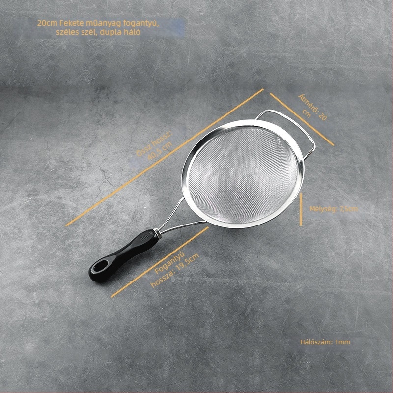 Rozsdamentes acélból készült szita műanyag fogantyúval ultrafin szűréshez — szója tejhez, gyümölcsléhez, liszthez és maradékokhoz kínai gyógynövényekből; csúszásmentes, hőálló, dupla és egyszerű kampókkal