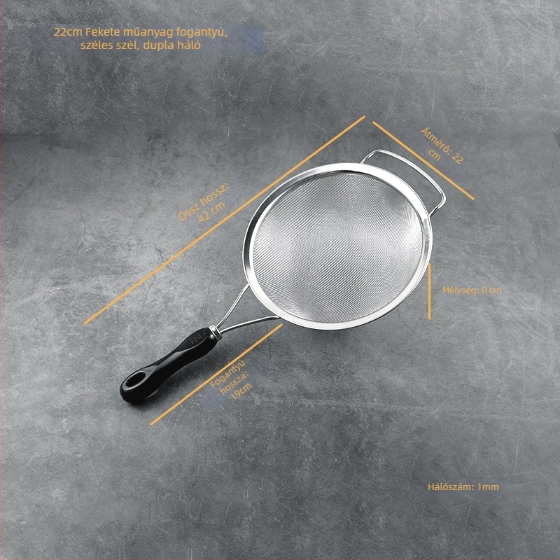 Rozsdamentes acélból készült szita műanyag fogantyúval ultrafin szűréshez — szója tejhez, gyümölcsléhez, liszthez és maradékokhoz kínai gyógynövényekből; csúszásmentes, hőálló, dupla és egyszerű kampókkal