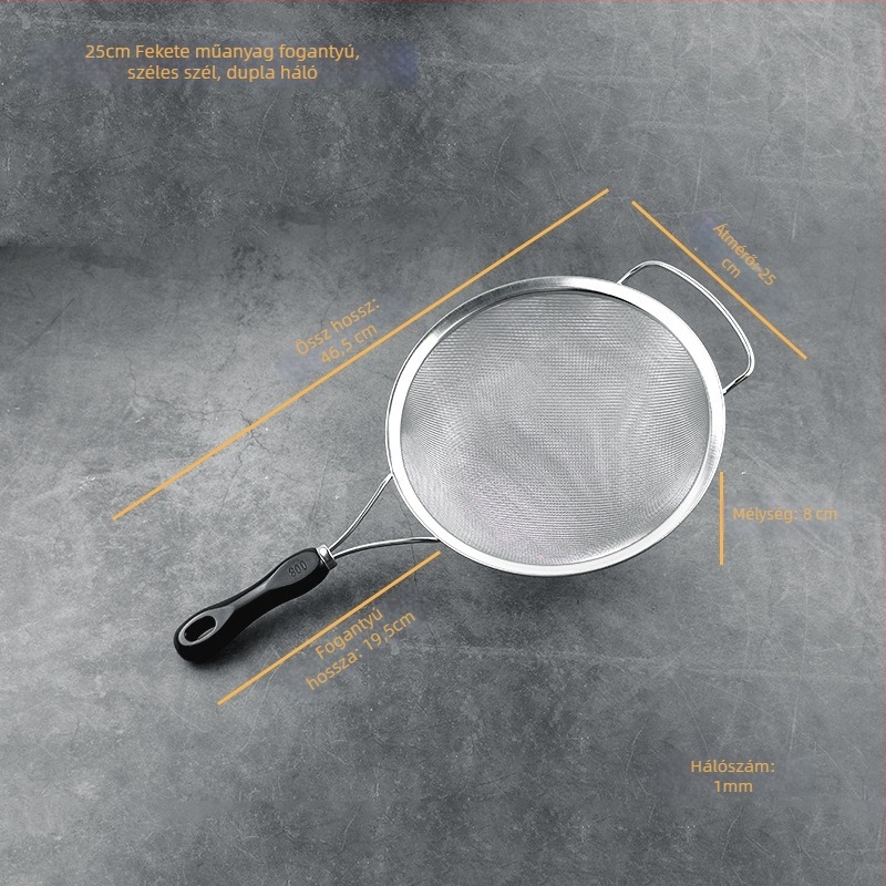 Rozsdamentes acélból készült szita műanyag fogantyúval ultrafin szűréshez — szója tejhez, gyümölcsléhez, liszthez és maradékokhoz kínai gyógynövényekből; csúszásmentes, hőálló, dupla és egyszerű kampókkal