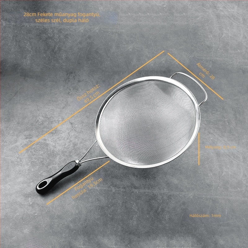 Rozsdamentes acélból készült szita műanyag fogantyúval ultrafin szűréshez — szója tejhez, gyümölcsléhez, liszthez és maradékokhoz kínai gyógynövényekből; csúszásmentes, hőálló, dupla és egyszerű kampókkal