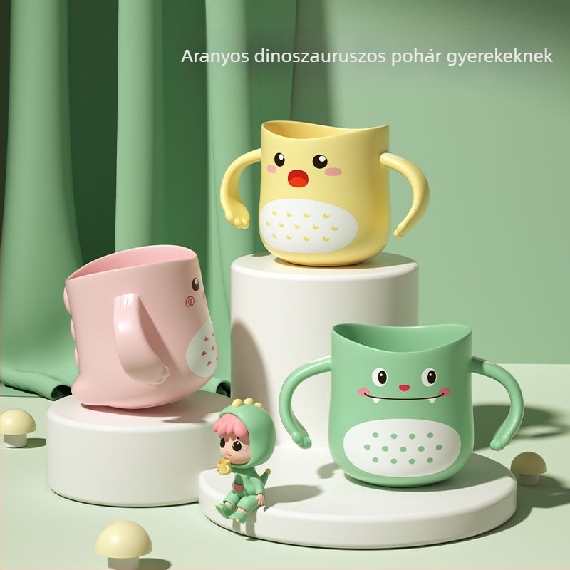 Gyerekeknek készült fogkefés és öblítő pohár dinoszaurusz mintával, műanyagból, rajzfilm dizájn, esésálló