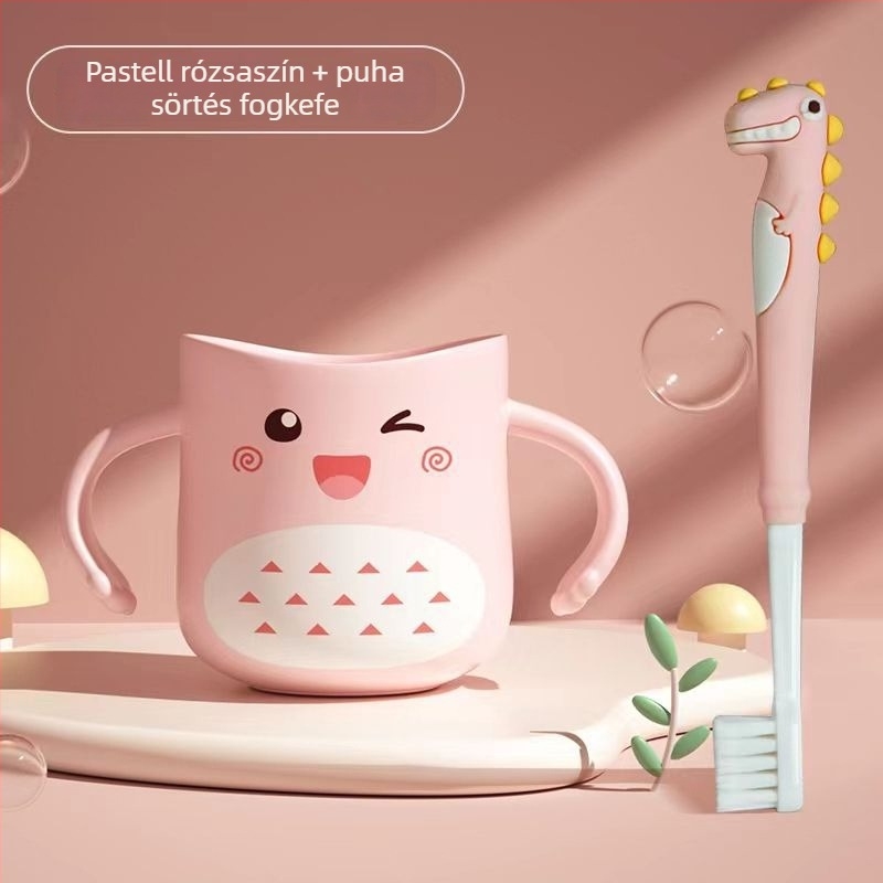 Gyerekeknek készült fogkefés és öblítő pohár dinoszaurusz mintával, műanyagból, rajzfilm dizájn, esésálló