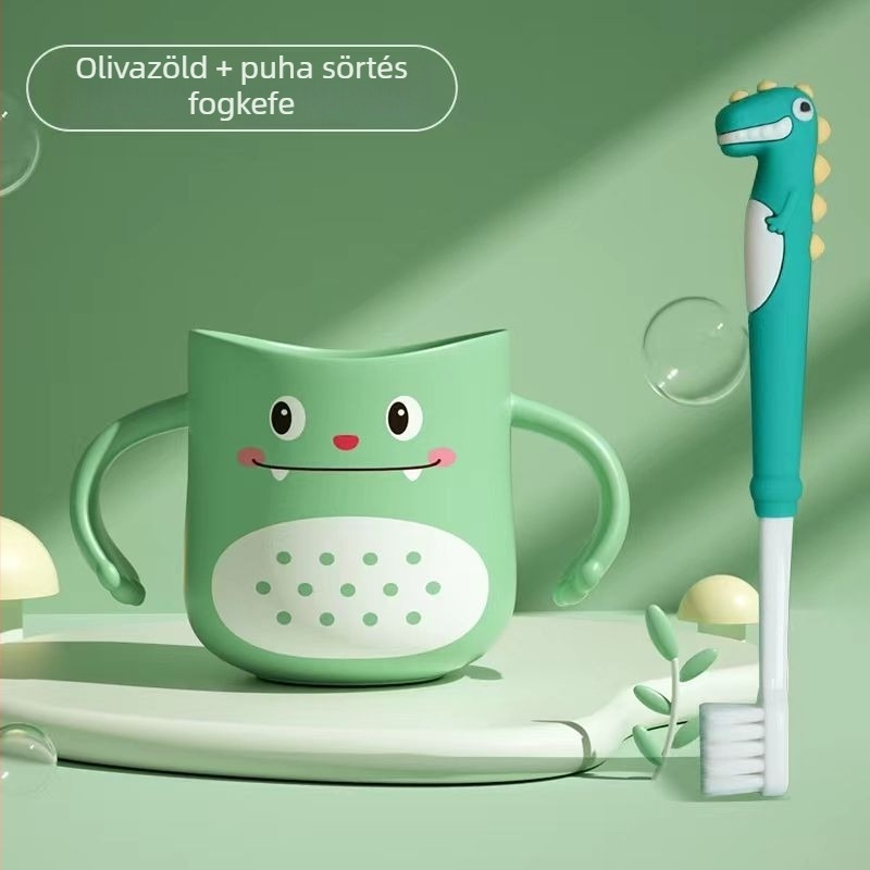 Gyerekeknek készült fogkefés és öblítő pohár dinoszaurusz mintával, műanyagból, rajzfilm dizájn, esésálló