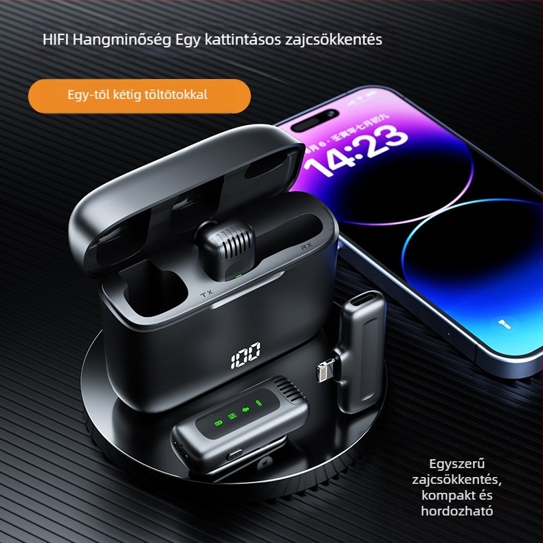 Vezeték nélküli lavalier mikrofon töltőtokkal és digitális kijelzővel – Bluetooth 5.0, beépített akkumulátor 300–500 mAh, frekvencia-tartomány 60 Hz–15 kHz, SNR ≥60 dB, üzemidő 3–6 óra
