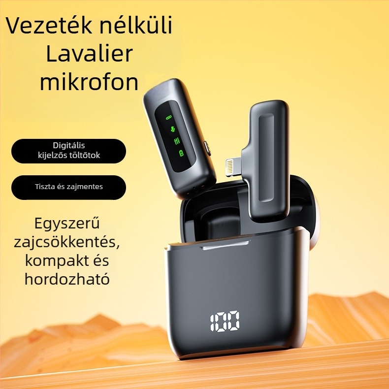 Vezeték nélküli lavalier mikrofon töltőtokkal és digitális kijelzővel – Bluetooth 5.0, beépített akkumulátor 300–500 mAh, frekvencia-tartomány 60 Hz–15 kHz, SNR ≥60 dB, üzemidő 3–6 óra