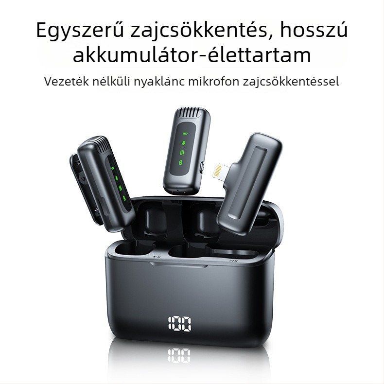 Vezeték nélküli lavalier mikrofon töltőtokkal és digitális kijelzővel – Bluetooth 5.0, beépített akkumulátor 300–500 mAh, frekvencia-tartomány 60 Hz–15 kHz, SNR ≥60 dB, üzemidő 3–6 óra