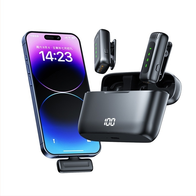 Vezeték nélküli lavalier mikrofon töltőtokkal és digitális kijelzővel – Bluetooth 5.0, beépített akkumulátor 300–500 mAh, frekvencia-tartomány 60 Hz–15 kHz, SNR ≥60 dB, üzemidő 3–6 óra