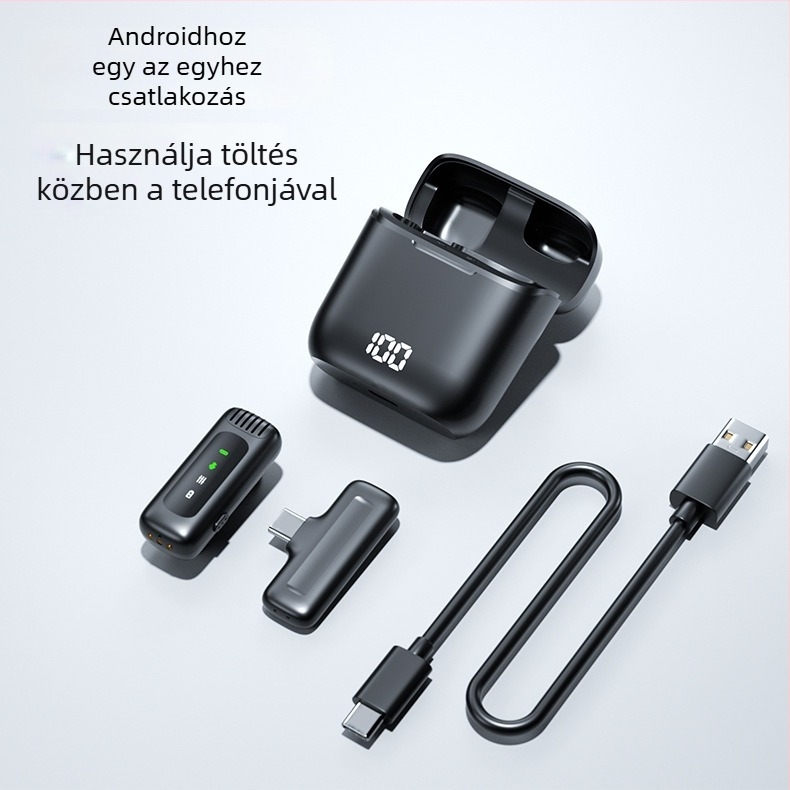 Vezeték nélküli lavalier mikrofon töltőtokkal és digitális kijelzővel – Bluetooth 5.0, beépített akkumulátor 300–500 mAh, frekvencia-tartomány 60 Hz–15 kHz, SNR ≥60 dB, üzemidő 3–6 óra