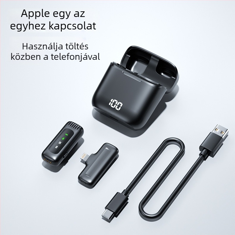 Vezeték nélküli lavalier mikrofon töltőtokkal és digitális kijelzővel – Bluetooth 5.0, beépített akkumulátor 300–500 mAh, frekvencia-tartomány 60 Hz–15 kHz, SNR ≥60 dB, üzemidő 3–6 óra