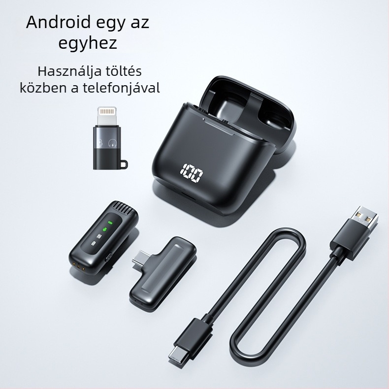 Vezeték nélküli lavalier mikrofon töltőtokkal és digitális kijelzővel – Bluetooth 5.0, beépített akkumulátor 300–500 mAh, frekvencia-tartomány 60 Hz–15 kHz, SNR ≥60 dB, üzemidő 3–6 óra