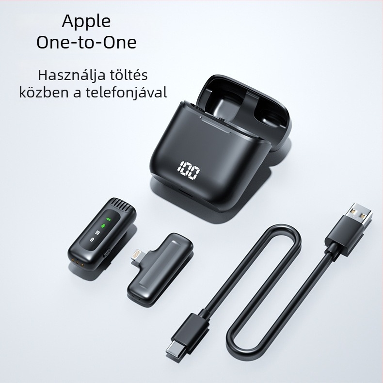 Vezeték nélküli lavalier mikrofon töltőtokkal és digitális kijelzővel – Bluetooth 5.0, beépített akkumulátor 300–500 mAh, frekvencia-tartomány 60 Hz–15 kHz, SNR ≥60 dB, üzemidő 3–6 óra