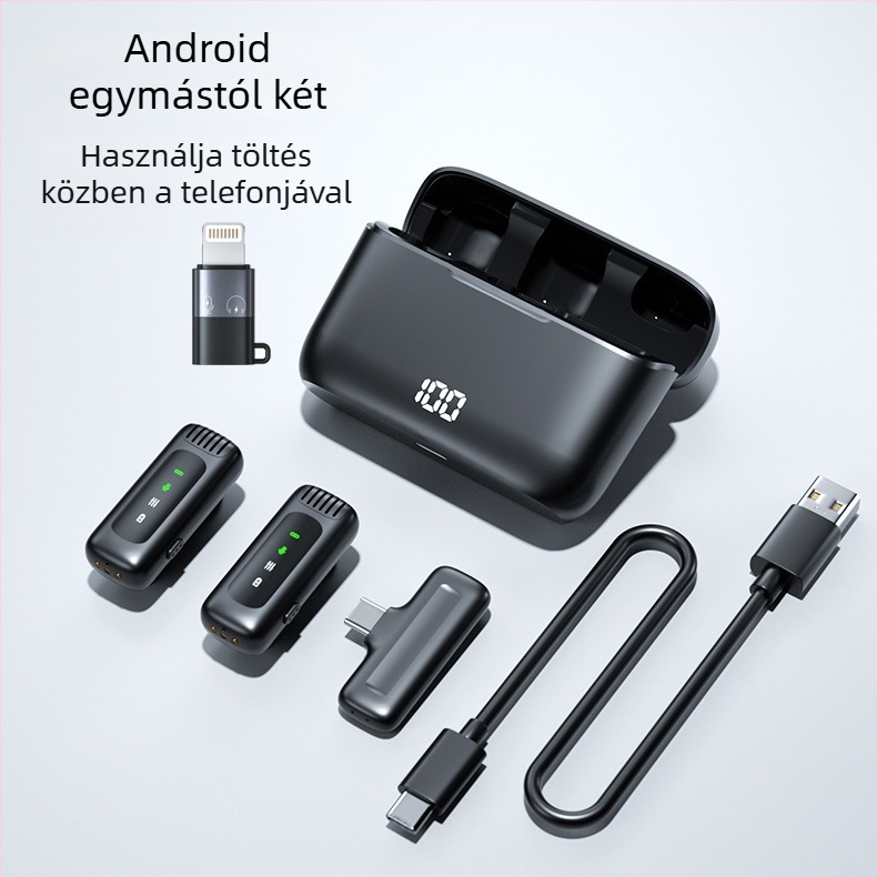 Vezeték nélküli lavalier mikrofon töltőtokkal és digitális kijelzővel – Bluetooth 5.0, beépített akkumulátor 300–500 mAh, frekvencia-tartomány 60 Hz–15 kHz, SNR ≥60 dB, üzemidő 3–6 óra