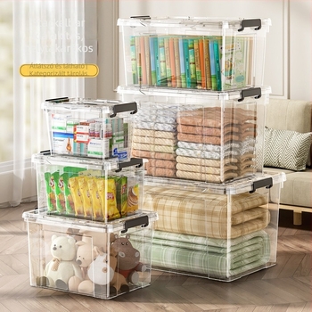 Műanyag tároló doboz fedővel ruhákhoz, 100–150 L, PP anyag, hordozható, por- és nedvességálló, modell 8887