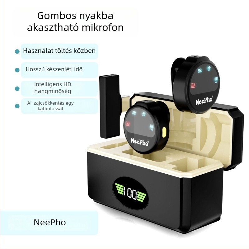 NP-58 Lavalier mikrofon; beépített akkumulátor; frekvencia-válasz 20 Hz–20 kHz; jel-zaj arány ≥95 dB; akkumulátor üzemidő 8–12 óra