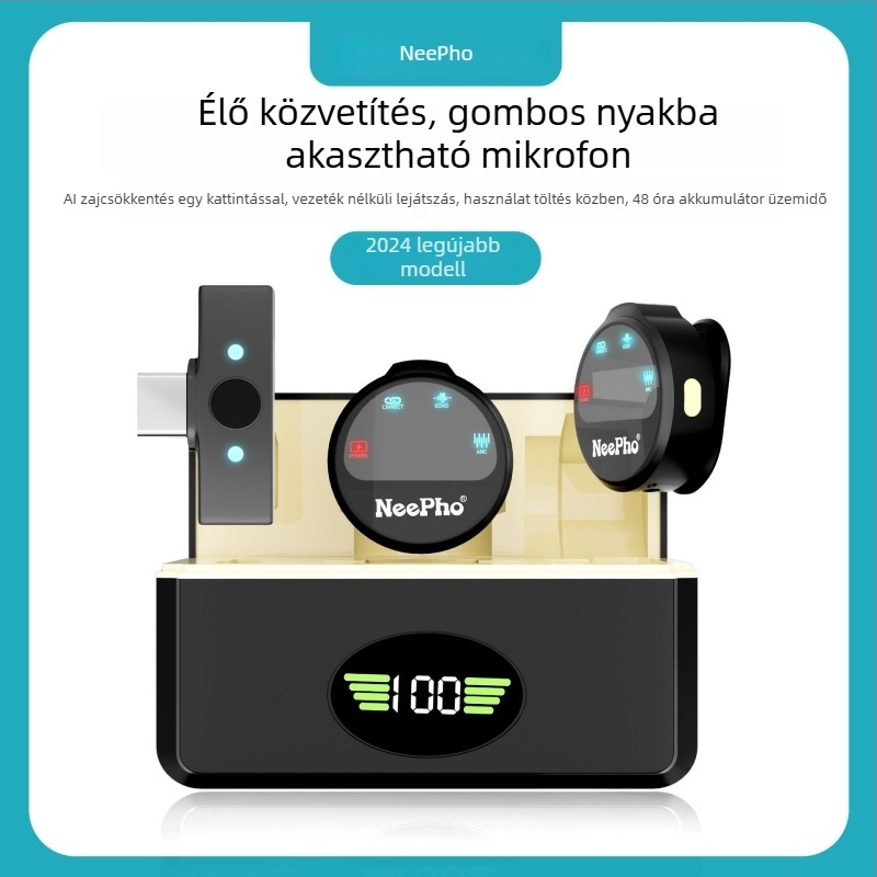 NP-58 Lavalier mikrofon; beépített akkumulátor; frekvencia-válasz 20 Hz–20 kHz; jel-zaj arány ≥95 dB; akkumulátor üzemidő 8–12 óra