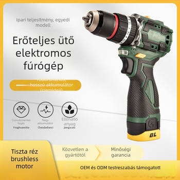 Brushless lítium akkumulátoros fúró – egyenes pisztoly-formájú kivitel, fokozatmentes sebességszabályozás, maximális fúrótár átmérője 10 mm