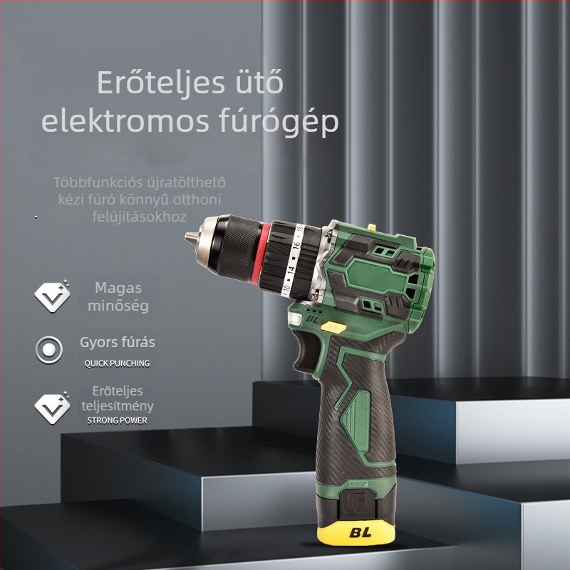 Brushless lítium akkumulátoros fúró – egyenes pisztoly-formájú kivitel, fokozatmentes sebességszabályozás, maximális fúrótár átmérője 10 mm