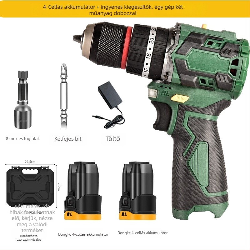 Brushless lítium akkumulátoros fúró – egyenes pisztoly-formájú kivitel, fokozatmentes sebességszabályozás, maximális fúrótár átmérője 10 mm