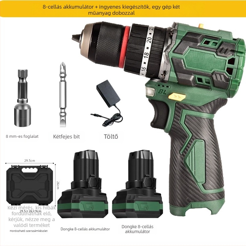 Brushless lítium akkumulátoros fúró – egyenes pisztoly-formájú kivitel, fokozatmentes sebességszabályozás, maximális fúrótár átmérője 10 mm