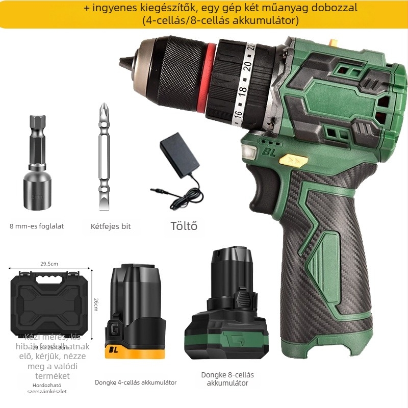 Brushless lítium akkumulátoros fúró – egyenes pisztoly-formájú kivitel, fokozatmentes sebességszabályozás, maximális fúrótár átmérője 10 mm