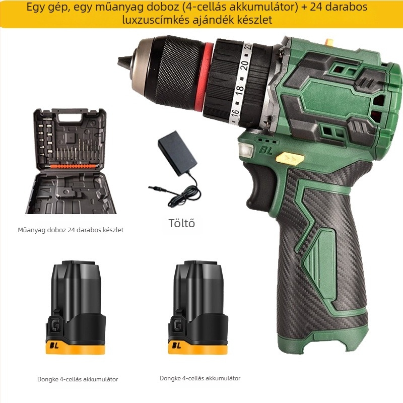 Brushless lítium akkumulátoros fúró – egyenes pisztoly-formájú kivitel, fokozatmentes sebességszabályozás, maximális fúrótár átmérője 10 mm