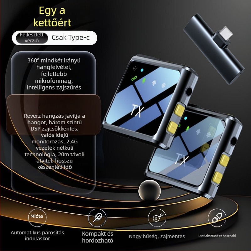 Vezeték nélküli Lavalier mikrofon kültéri élő adásokhoz – három az egyben hangfelvétel zajcsökkentéssel, omnidirekcionális, Bluetooth 5.2, 20Hz–20kHz, SNR ≥60 dB, üzemidő 8-12 óra