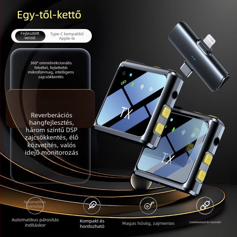 Vezeték nélküli Lavalier mikrofon kültéri élő adásokhoz – három az egyben hangfelvétel zajcsökkentéssel, omnidirekcionális, Bluetooth 5.2, 20Hz–20kHz, SNR ≥60 dB, üzemidő 8-12 óra