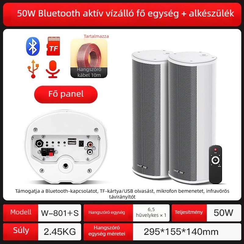 Aktív kültéri oszlopos hangfal (Bluetooth, 2 hangszóró, 3D surround, MP3 lejátszás, TF-kártya/USB)