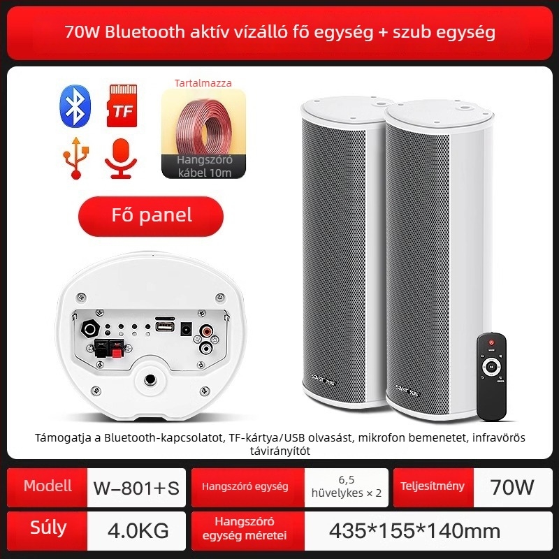 Aktív kültéri oszlopos hangfal (Bluetooth, 2 hangszóró, 3D surround, MP3 lejátszás, TF-kártya/USB)