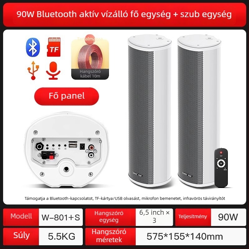 Aktív kültéri oszlopos hangfal (Bluetooth, 2 hangszóró, 3D surround, MP3 lejátszás, TF-kártya/USB)