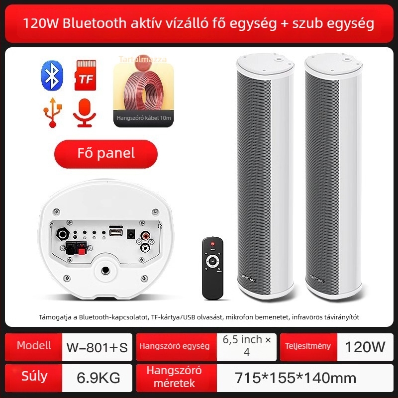 Aktív kültéri oszlopos hangfal (Bluetooth, 2 hangszóró, 3D surround, MP3 lejátszás, TF-kártya/USB)