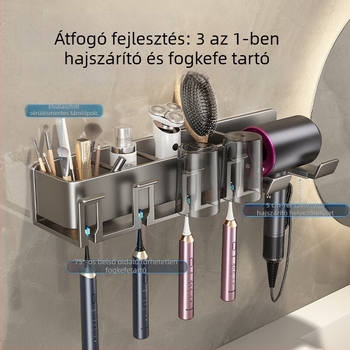 Lyukasztás nélküli fogkefetartó – fürdőszobai rendező pohár és hajszárító számára, alumínium, teherbírás 10 kg, 1 réteg, modell 92019