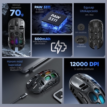 Thunder Wolf X3 gamer egér — három módú csatlakozás (2.4G + Bluetooth), ergonomikus, 12000 DPI, 6 gomb