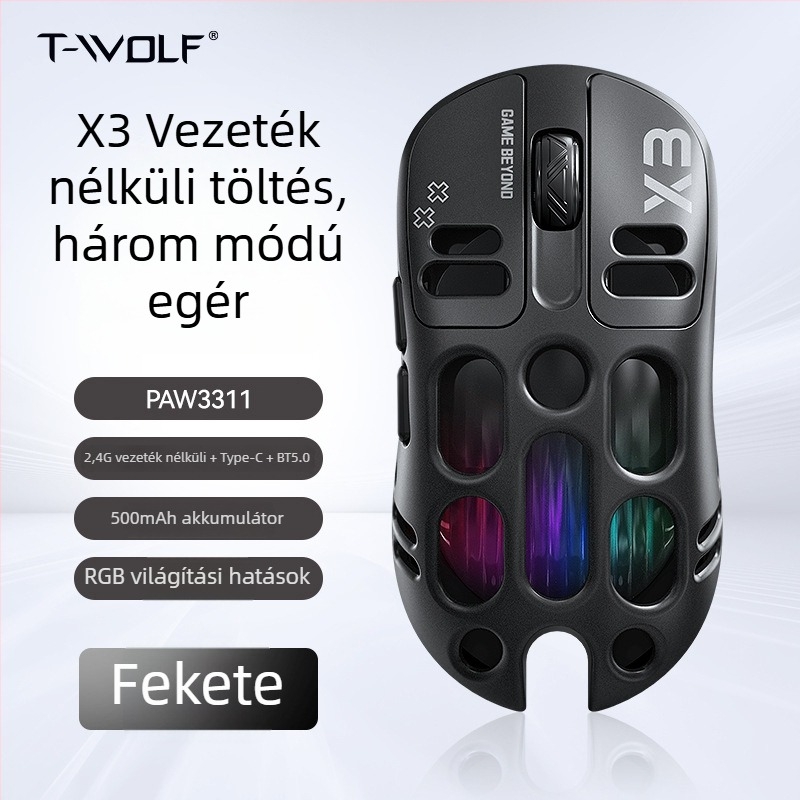 Thunder Wolf X3 gamer egér — három módú csatlakozás (2.4G + Bluetooth), ergonomikus, 12000 DPI, 6 gomb