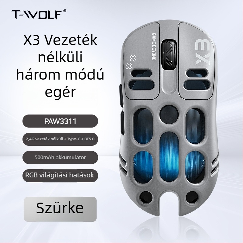 Thunder Wolf X3 gamer egér — három módú csatlakozás (2.4G + Bluetooth), ergonomikus, 12000 DPI, 6 gomb