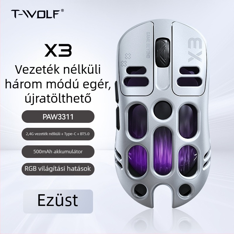 Thunder Wolf X3 gamer egér — három módú csatlakozás (2.4G + Bluetooth), ergonomikus, 12000 DPI, 6 gomb