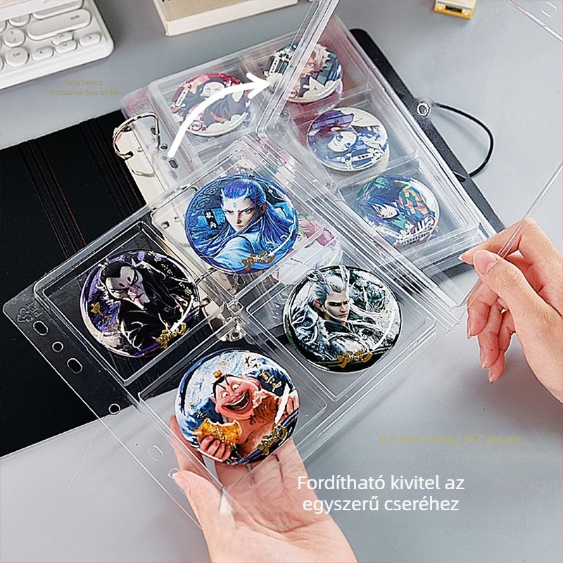 Akril asztali kiállítási binder jelvényekhez, átlátszó, porvédett, nagy kapacitás, PP borító, stílus cserélhető lapok, 1 belső oldal