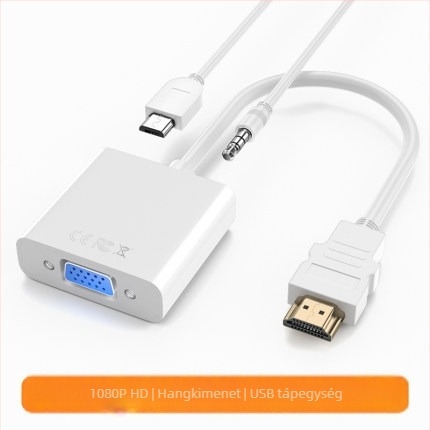 HDMI–ról VGA-ra átalakító hanggal és tápláló adapterkábellel, notebookokhoz és projektorokhoz